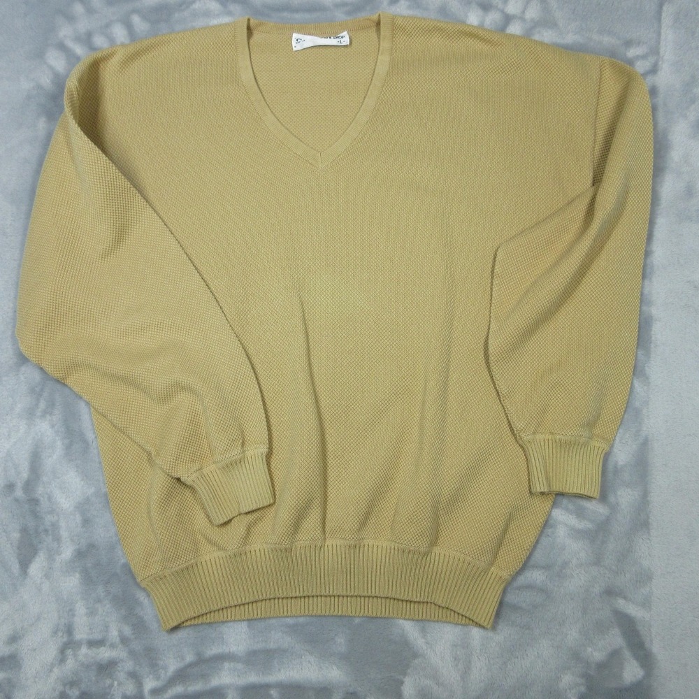 St. Croix Shop Sweater Mens Large Tan V Neck Textured Knit Made USA Cotton Blend